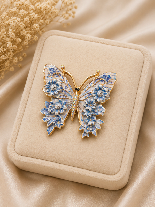 Broche papillon fleur bleu