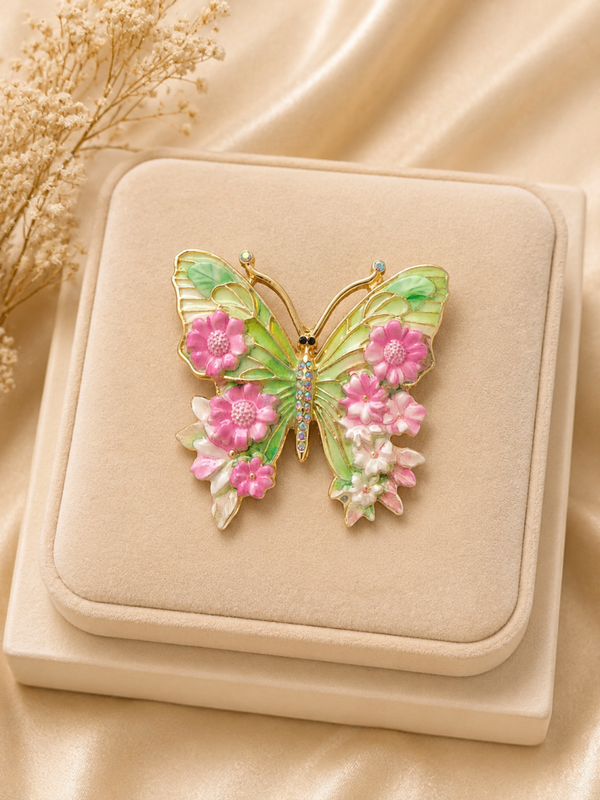 Broche papillon vert fleur rose