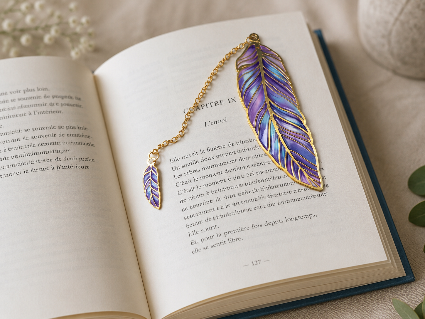 Marque pages plume violet