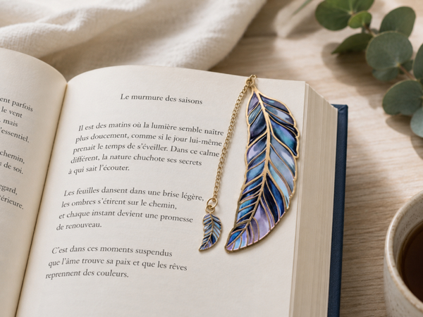 Marque pages plume bleu