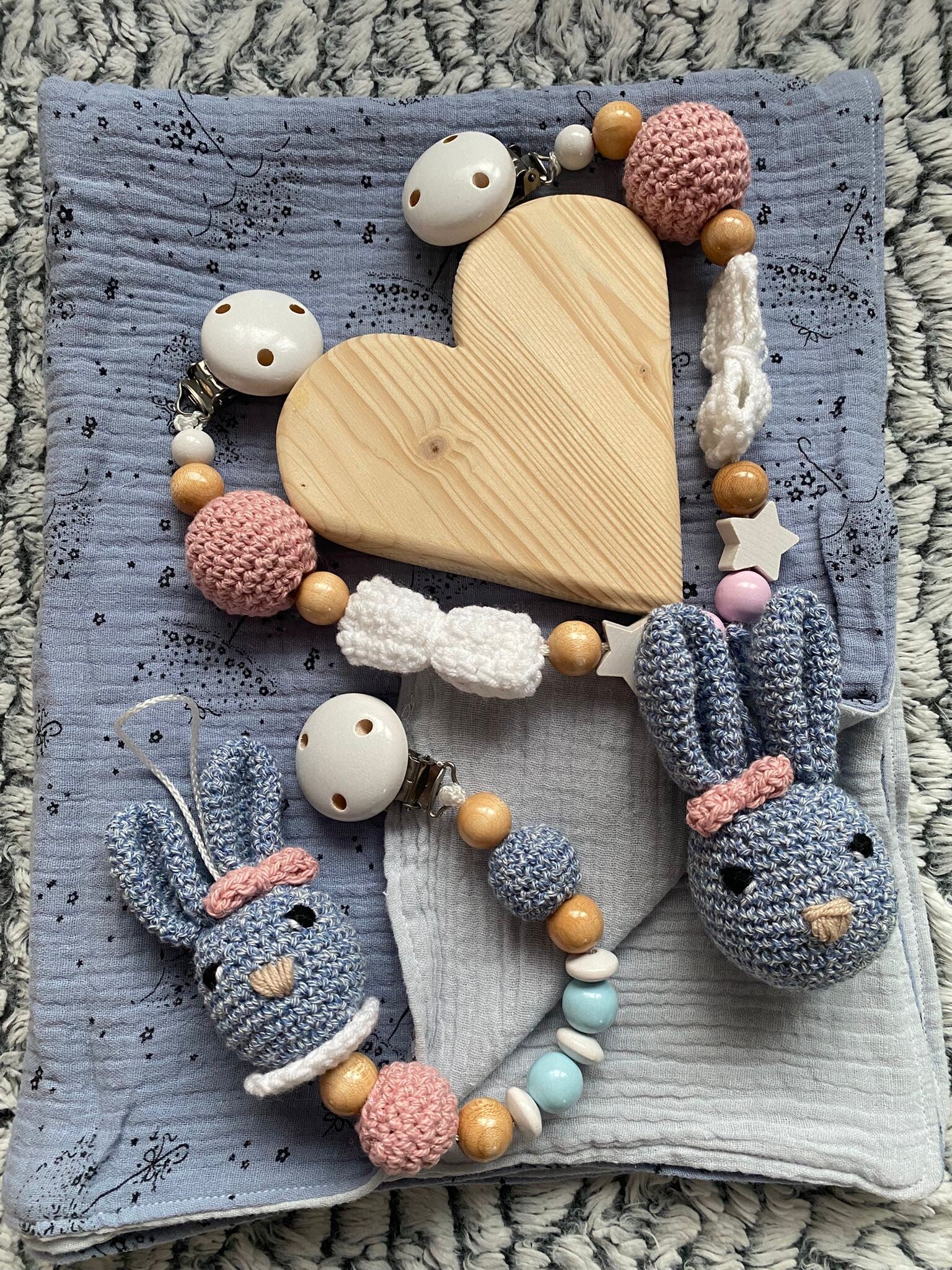 Kinderwagenkette + Schnullerkette  + Muselin Tuch