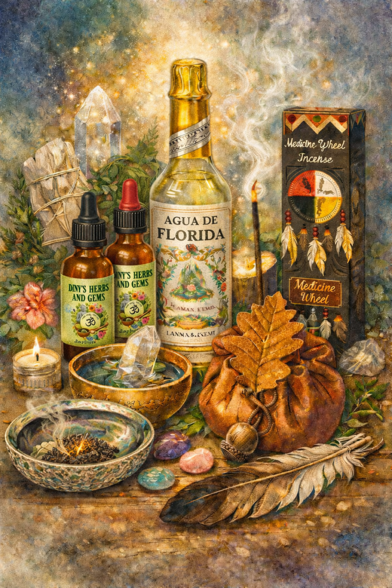 Floridawater, medicijnwiel, floridawaterzeep, smudgen, edelsteenolie, edelsteenelixer, elixer, kruidenamulet, smudgeveer
