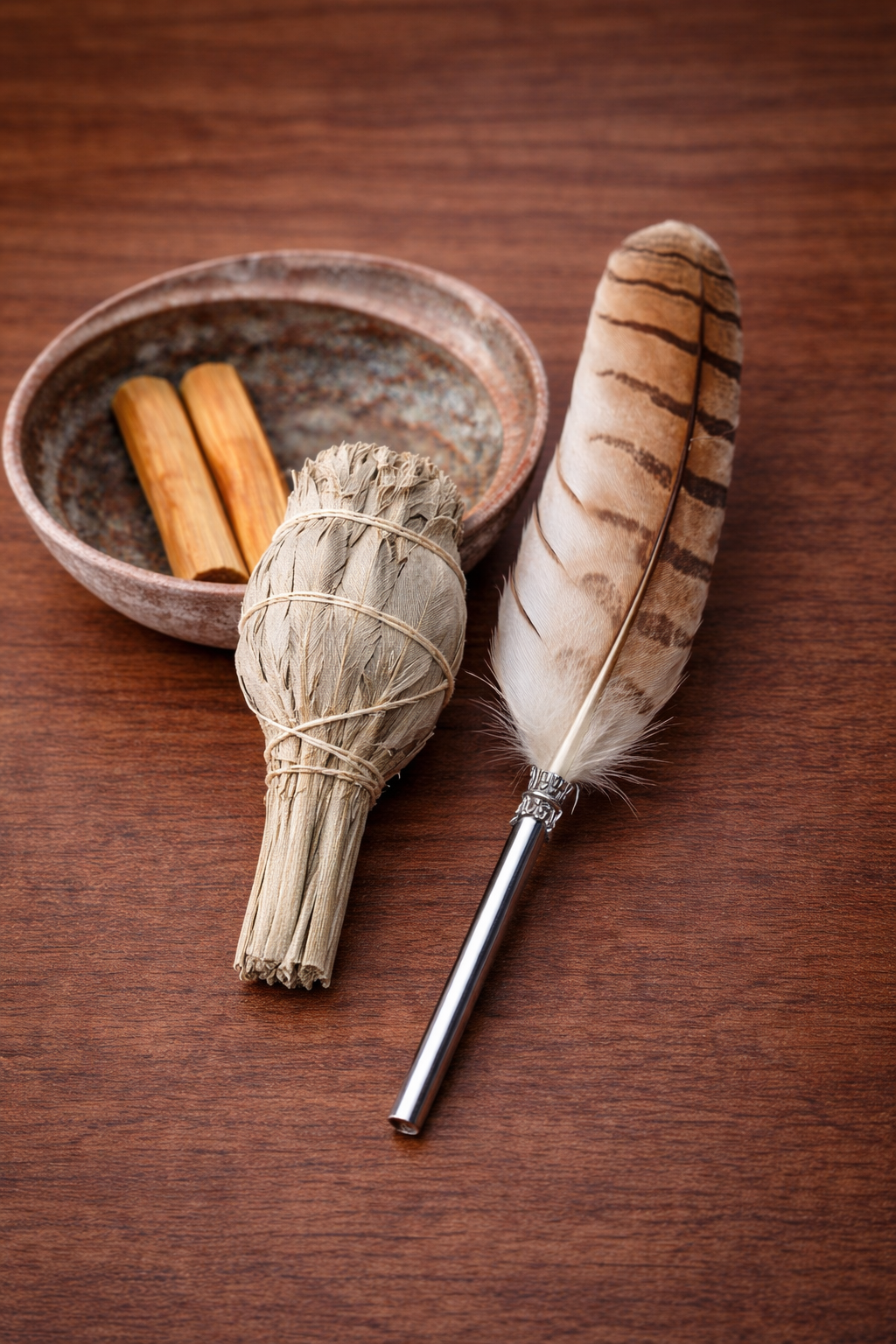 Sjamanistische Reinigingsset – Smudge Set met Witte Salie, Palo Santo, Abalone Schelp & Uilenveer Smudge Veer