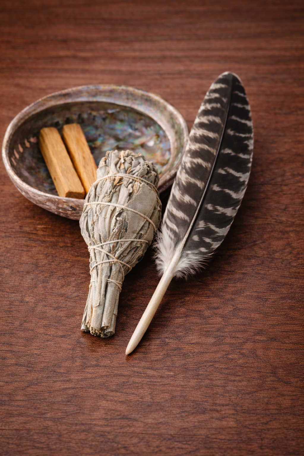 Sjamanistische Reinigingsset – Smudge Set met Witte Salie, Palo Santo, Abalone Schelp & Wilde Kalkoenveer Smudge Veer
