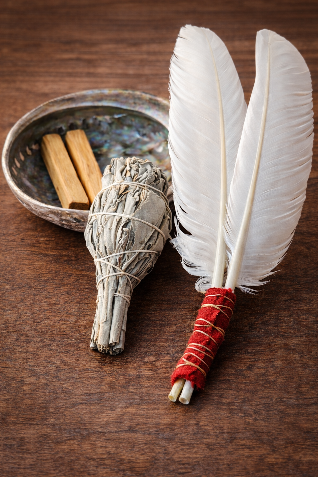 Sjamanistische Reinigingsset – Legal Eagle Smudgeveer, Witte Salie, Palo Santo & Abalone Schelp.