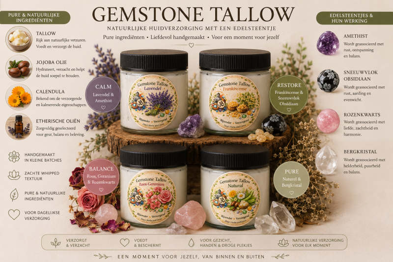 Gemstone Tallow collectie met natuurlijke whipped verzorging, etherische oliën en edelstenen zoals amethist, rozenkwarts, bergkristal en sneeuwvlok obsidiaan