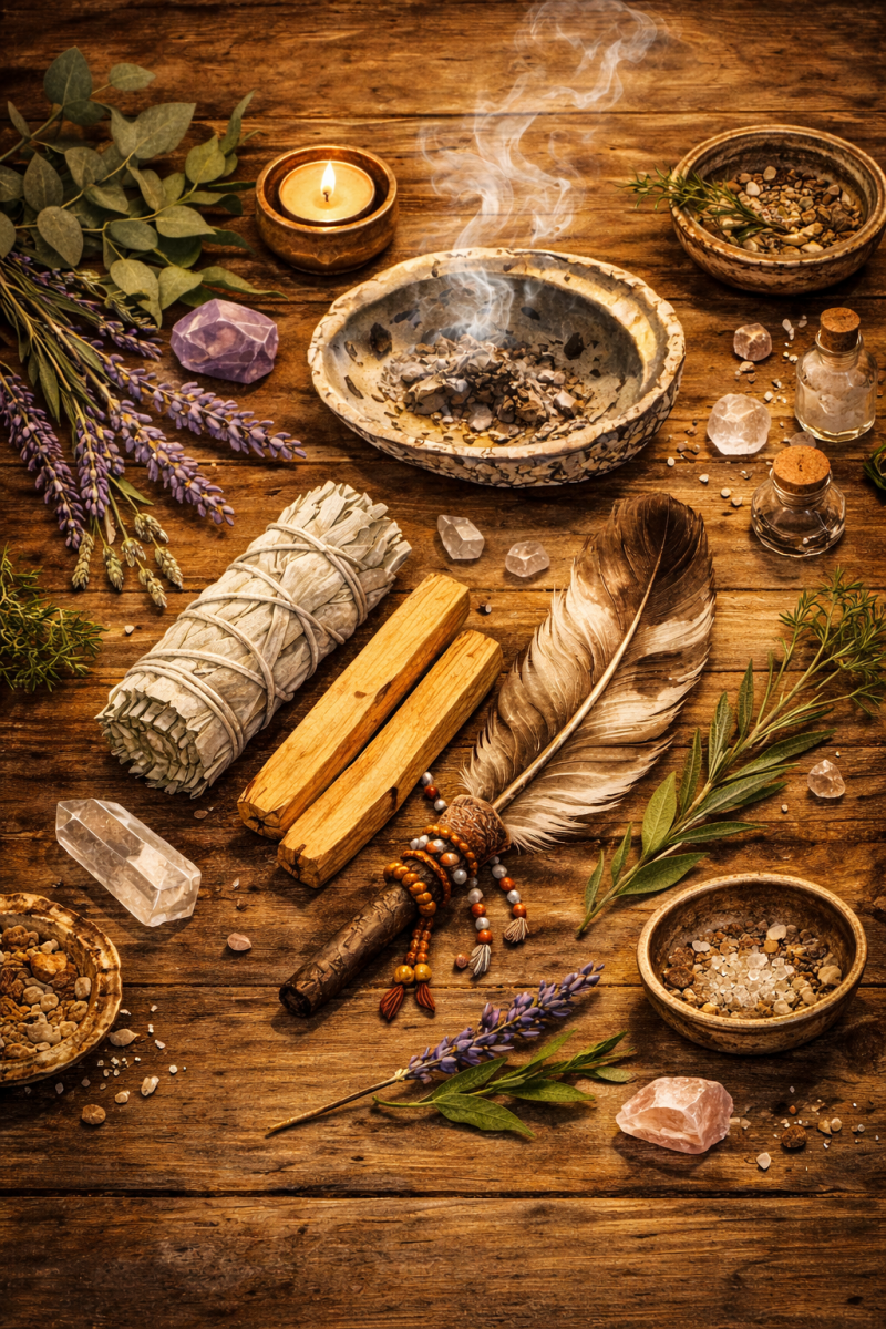 Smudgen , veer, salie, abaloneschelp,palosanto, lavendel