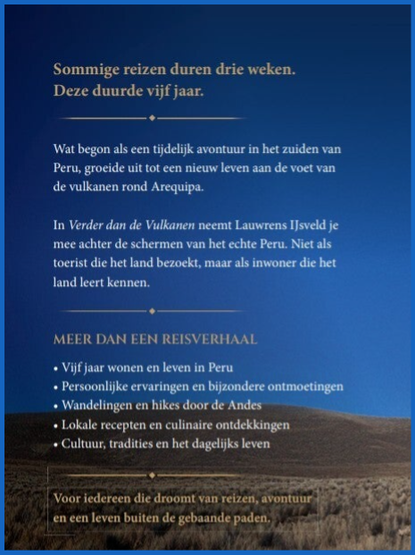 Achterzijde van het boek Verder dan de Vulkanen van Lauwrens IJsveld.
