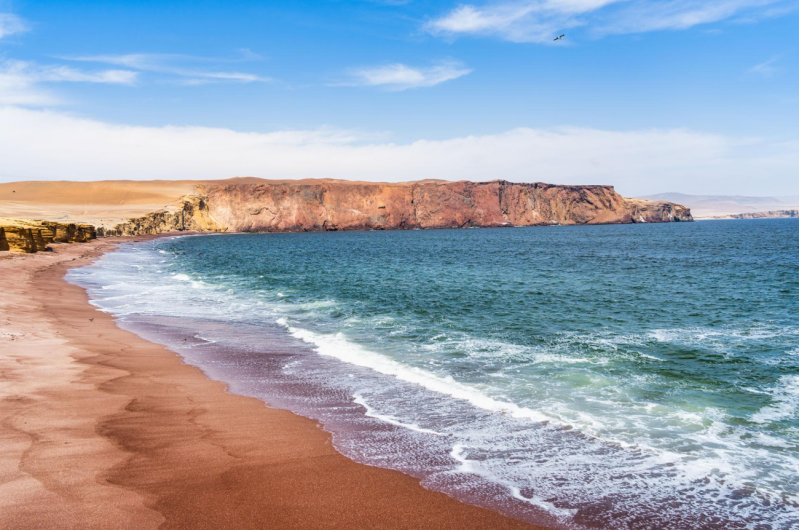 Het roodbruine zand van Playa Roja in het natuurreservaat Paracas, Peru, met de blauwe Stille Oceaan en droge woestijnheuvels.