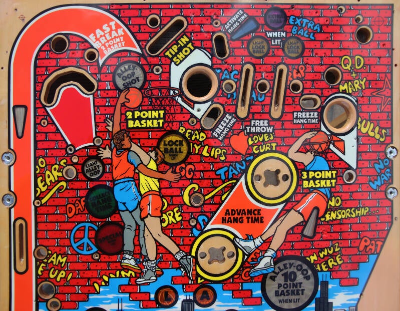 Gottlieb Hoops playfield speelveld schade herstel restoration flipperspeelveld restauratie art airbrush airbrushing flipperkast reparatie