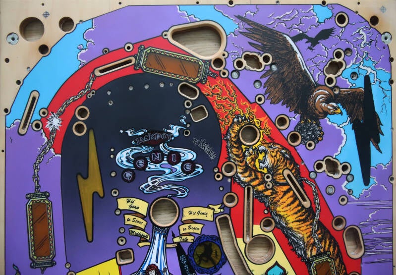 Williams Tales of the Arabian Nights playfield speelveld schade herstel restoration flipperspeelveld restauratie art airbrush airbrushing flipperkast reparatie
