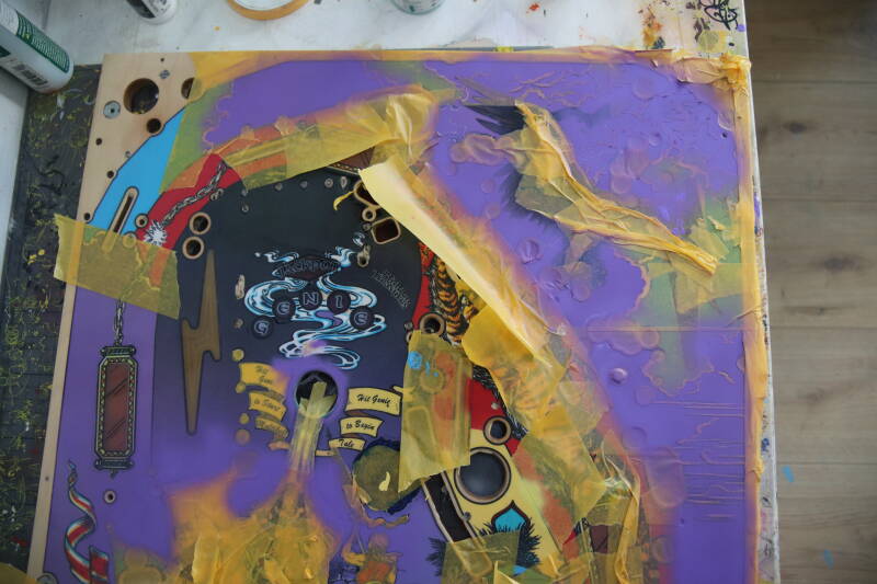 Williams Tales of the Arabian Nights playfield speelveld schade herstel restoration flipperspeelveld restauratie art airbrush airbrushing flipperkast reparatie