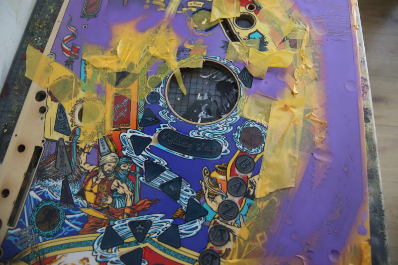 Williams Tales of the Arabian Nights playfield speelveld schade herstel restoration flipperspeelveld restauratie art airbrush airbrushing flipperkast reparatie