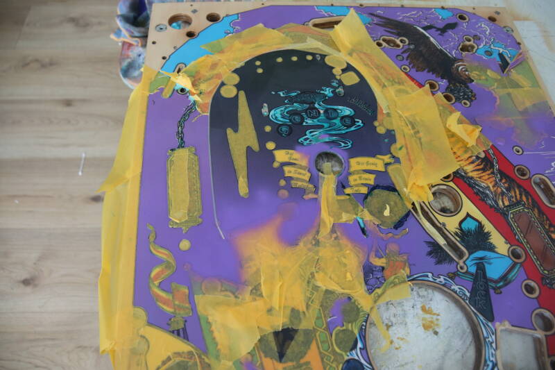 Williams Tales of the Arabian Nights playfield speelveld schade herstel restoration flipperspeelveld restauratie art airbrush airbrushing flipperkast reparatie