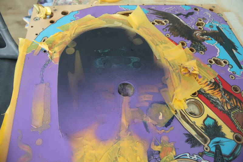 Williams Tales of the Arabian Nights playfield speelveld schade herstel restoration flipperspeelveld restauratie art airbrush airbrushing flipperkast reparatie