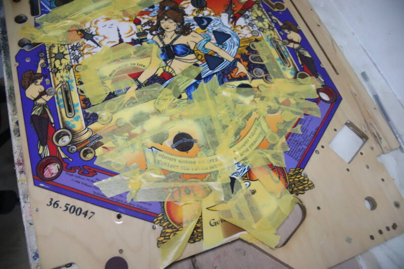 Williams Tales of the Arabian Nights playfield speelveld schade herstel restoration flipperspeelveld restauratie art airbrush airbrushing flipperkast reparatie