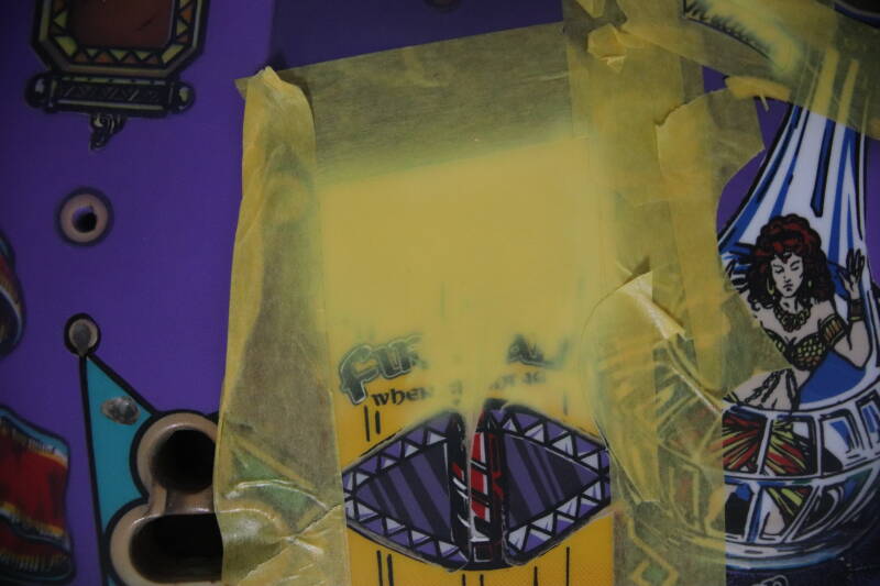 Williams Tales of the Arabian Nights playfield speelveld schade herstel restoration flipperspeelveld restauratie art airbrush airbrushing flipperkast reparatie