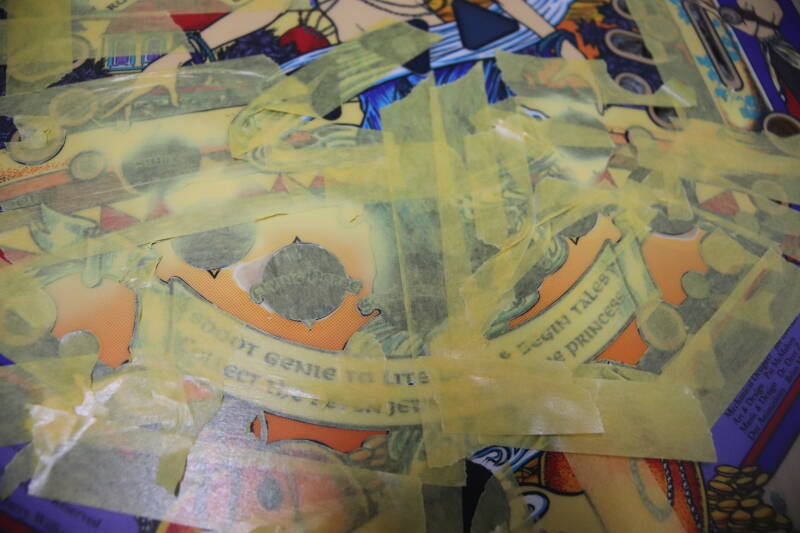 Williams Tales of the Arabian Nights playfield speelveld schade herstel restoration flipperspeelveld restauratie art airbrush airbrushing flipperkast reparatie