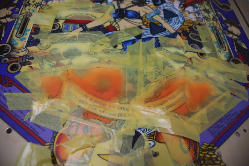 Williams Tales of the Arabian Nights playfield speelveld schade herstel restoration flipperspeelveld restauratie art airbrush airbrushing flipperkast reparatie