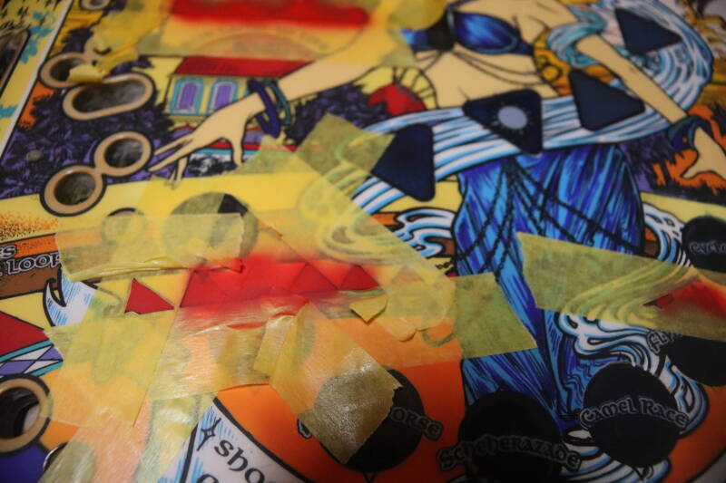 Williams Tales of the Arabian Nights playfield speelveld schade herstel restoration flipperspeelveld restauratie art airbrush airbrushing flipperkast reparatie