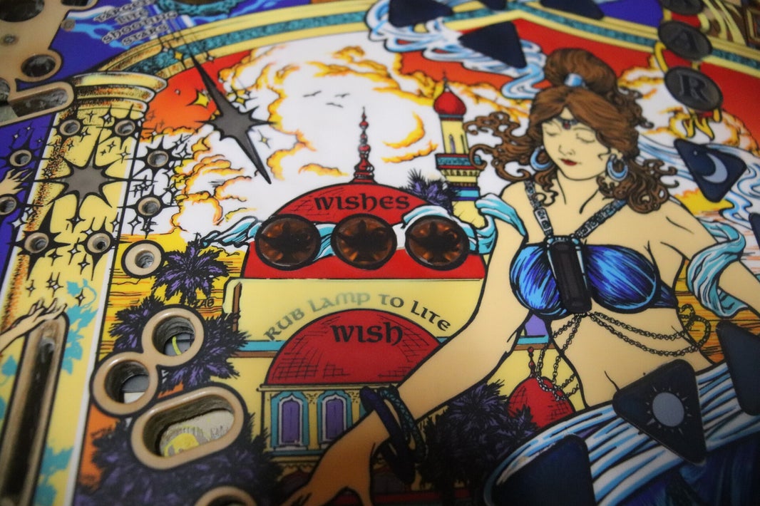 Williams Tales of the Arabian Nights playfield speelveld schade herstel restoration flipperspeelveld restauratie art airbrush airbrushing flipperkast reparatie