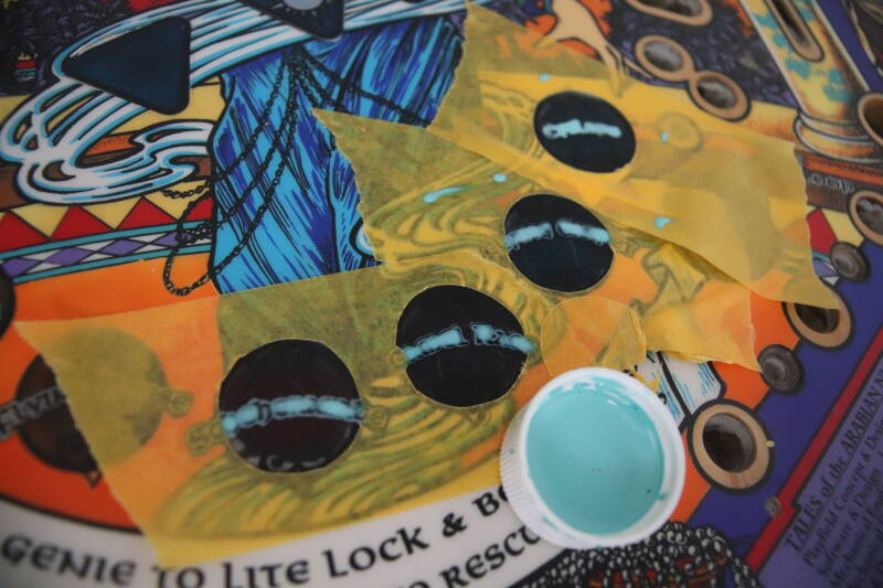 Williams Tales of the Arabian Nights playfield speelveld schade herstel restoration flipperspeelveld restauratie art airbrush airbrushing flipperkast reparatie