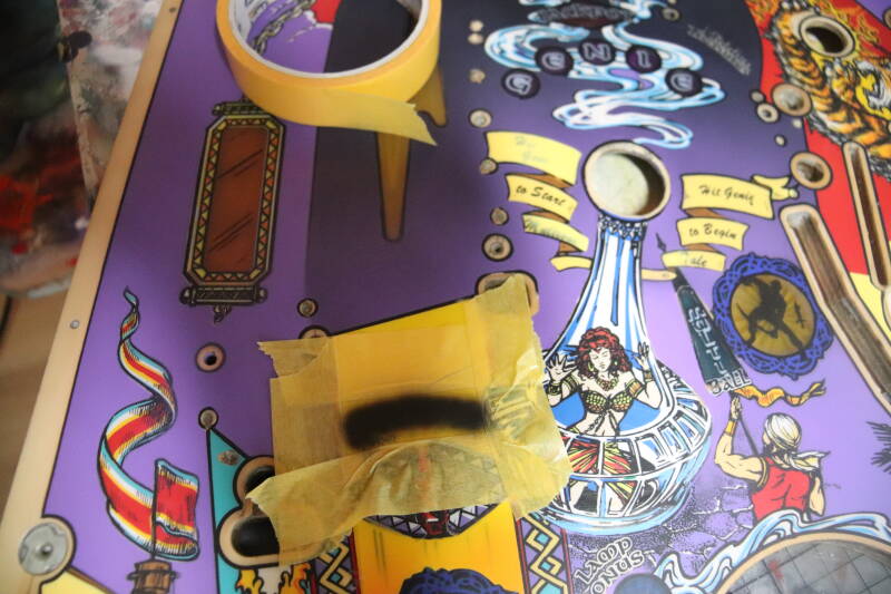 Williams Tales of the Arabian Nights playfield speelveld schade herstel restoration flipperspeelveld restauratie art airbrush airbrushing flipperkast reparatie