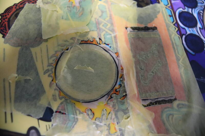 Williams Tales of the Arabian Nights playfield speelveld schade herstel restoration flipperspeelveld restauratie art airbrush airbrushing flipperkast reparatie