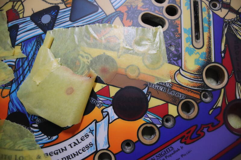 Williams Tales of the Arabian Nights playfield speelveld schade herstel restoration flipperspeelveld restauratie art airbrush airbrushing flipperkast reparatie