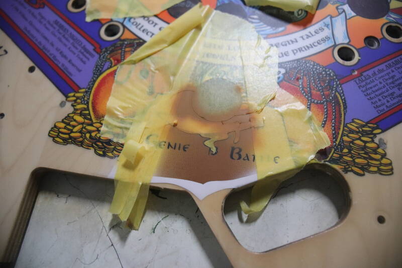 Williams Tales of the Arabian Nights playfield speelveld schade herstel restoration flipperspeelveld restauratie art airbrush airbrushing flipperkast reparatie