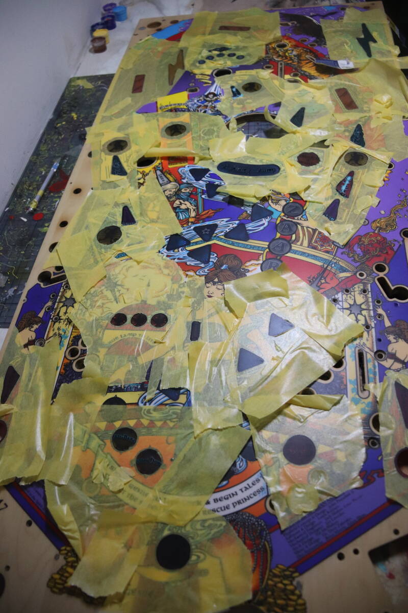 Williams Tales of the Arabian Nights playfield speelveld schade herstel restoration flipperspeelveld restauratie art airbrush airbrushing flipperkast reparatie