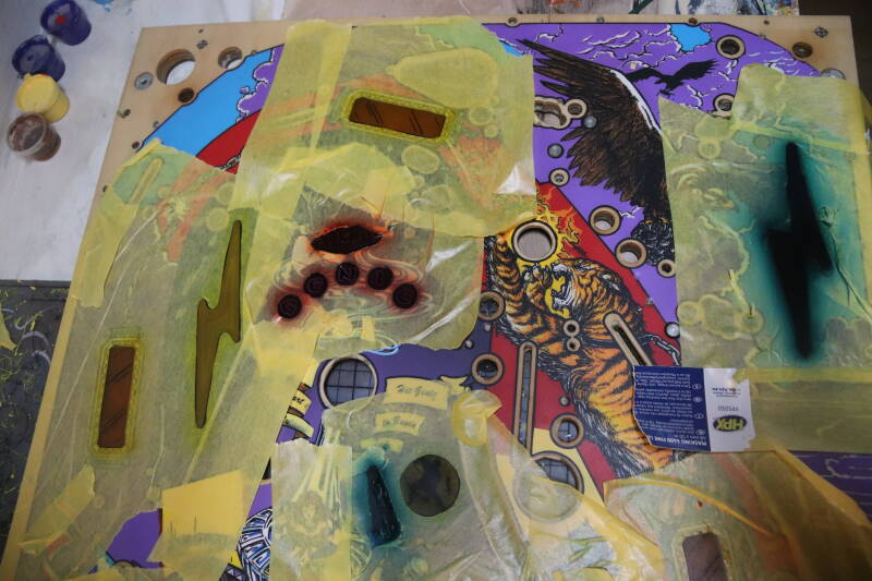 Williams Tales of the Arabian Nights playfield speelveld schade herstel restoration flipperspeelveld restauratie art airbrush airbrushing flipperkast reparatie