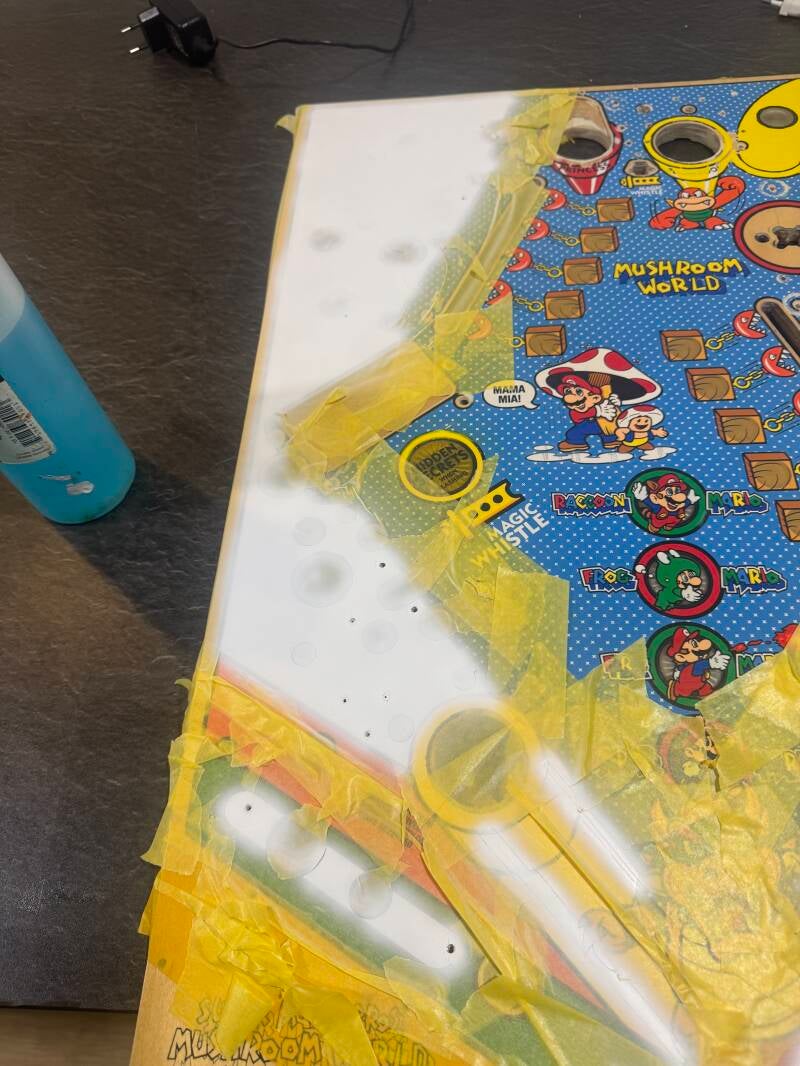 Gottlieb Super Mario Bros Playfield speelveld schade herstel restoration flipperspeelveld restauratie art airbrush airbrushing flipperkast reparatie