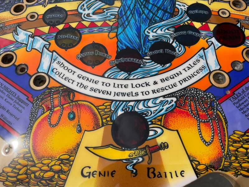Williams Tales of the Arabian Nights playfield speelveld schade herstel restoration flipperspeelveld restauratie art airbrush airbrushing flipperkast reparatie