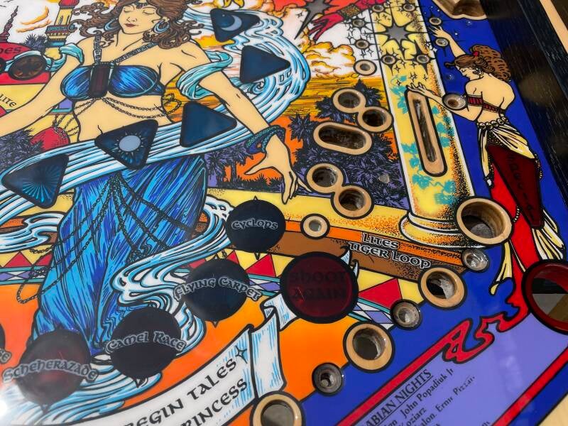 Williams Tales of the Arabian Nights playfield speelveld schade herstel restoration flipperspeelveld restauratie art airbrush airbrushing flipperkast reparatie