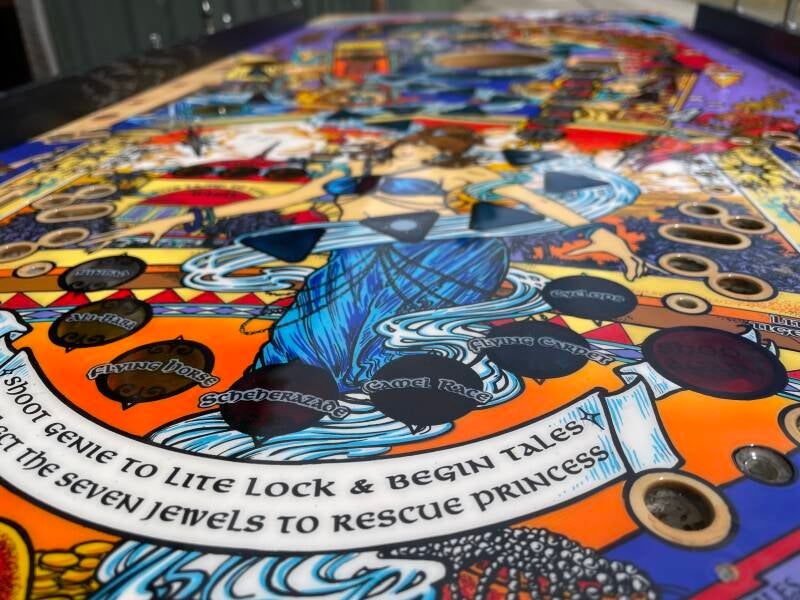 Williams Tales of the Arabian Nights playfield speelveld schade herstel restoration flipperspeelveld restauratie art airbrush airbrushing flipperkast reparatie