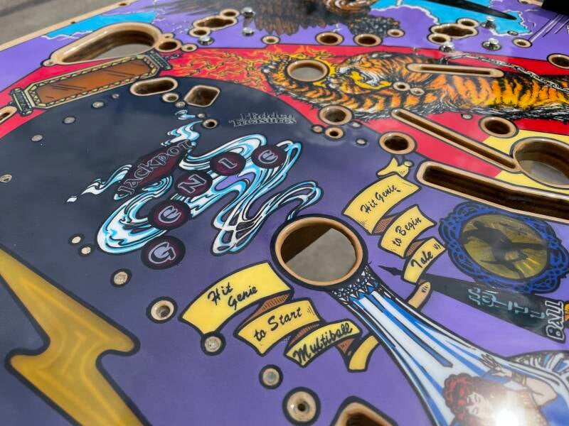 Williams Tales of the Arabian Nights playfield speelveld schade herstel restoration flipperspeelveld restauratie art airbrush airbrushing flipperkast reparatie