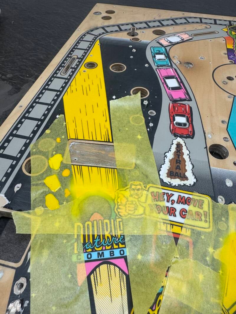 Bally Creature from the Black Lagoon Playfield speelveld schade herstel restoration flipperspeelveld restauratie art airbrush airbrushing flipperkast reparatie