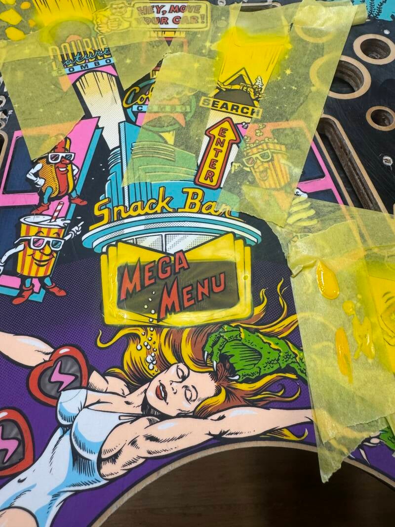 Bally Creature from the Black Lagoon Playfield speelveld schade herstel restoration flipperspeelveld restauratie art airbrush airbrushing flipperkast reparatie