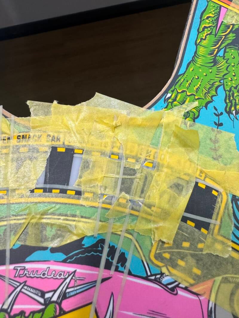 Bally Creature from the Black Lagoon Playfield speelveld schade herstel restoration flipperspeelveld restauratie art airbrush airbrushing flipperkast reparatie