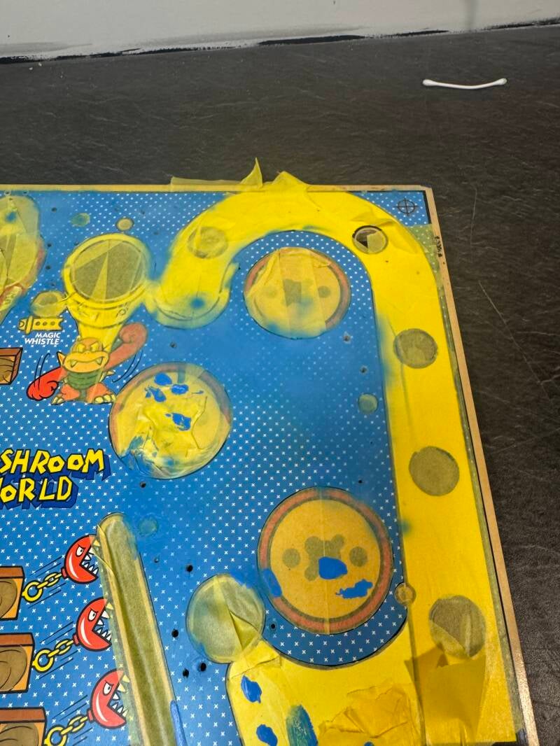 Gottlieb Super Mario Bros Playfield speelveld schade herstel restoration flipperspeelveld restauratie art airbrush airbrushing flipperkast reparatie