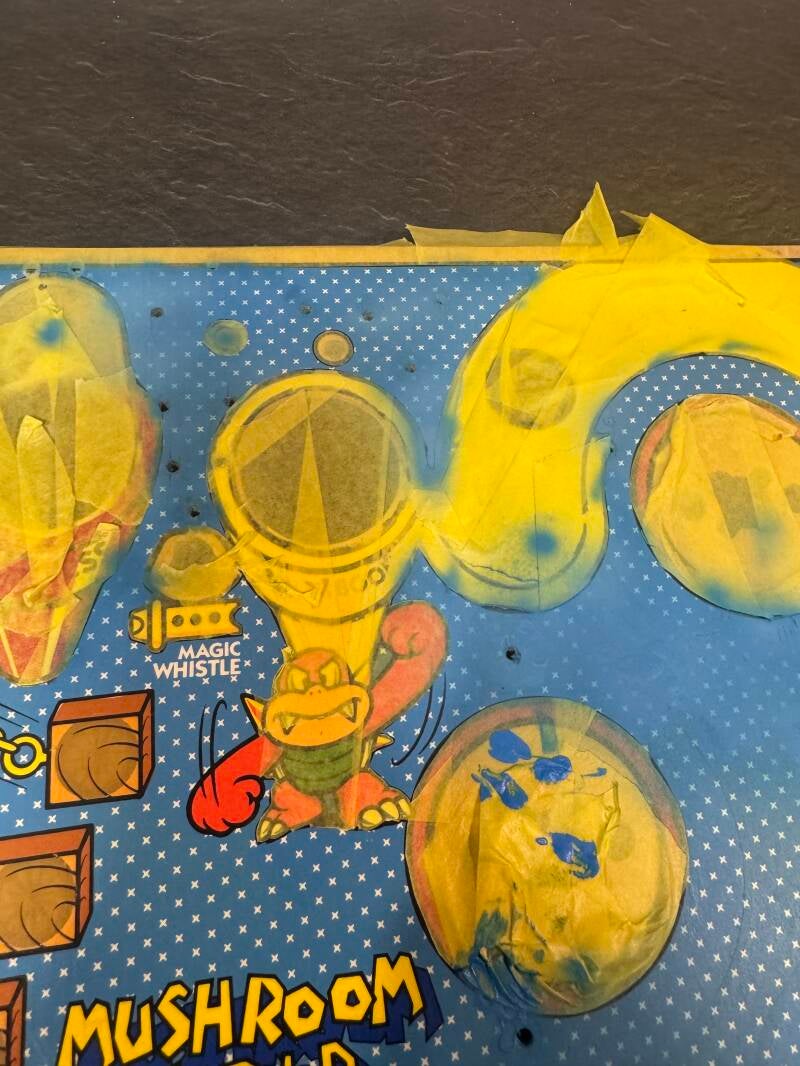 Gottlieb Super Mario Bros Playfield speelveld schade herstel restoration flipperspeelveld restauratie art airbrush airbrushing flipperkast reparatie