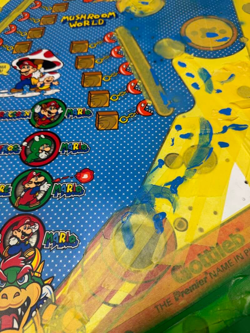 Gottlieb Super Mario Bros Playfield speelveld schade herstel restoration flipperspeelveld restauratie art airbrush airbrushing flipperkast reparatie