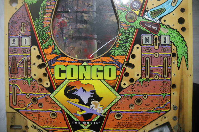 Williams Congo playfield speelveld schade herstel restoration flipperspeelveld restauratie art airbrush airbrushing flipperkast reparatie