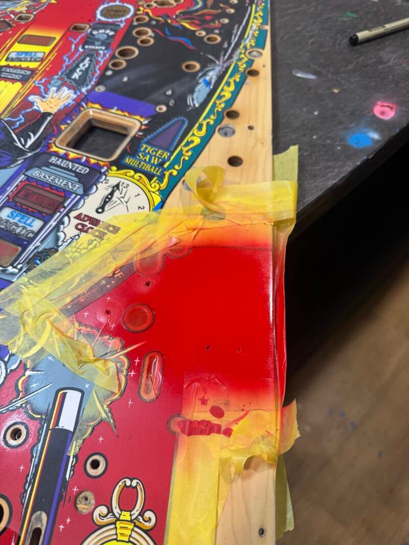 Bally Theatre of Magic playfield speelveld schade herstel restoration flipperspeelveld restauratie art airbrush airbrushing flipperkast reparatie