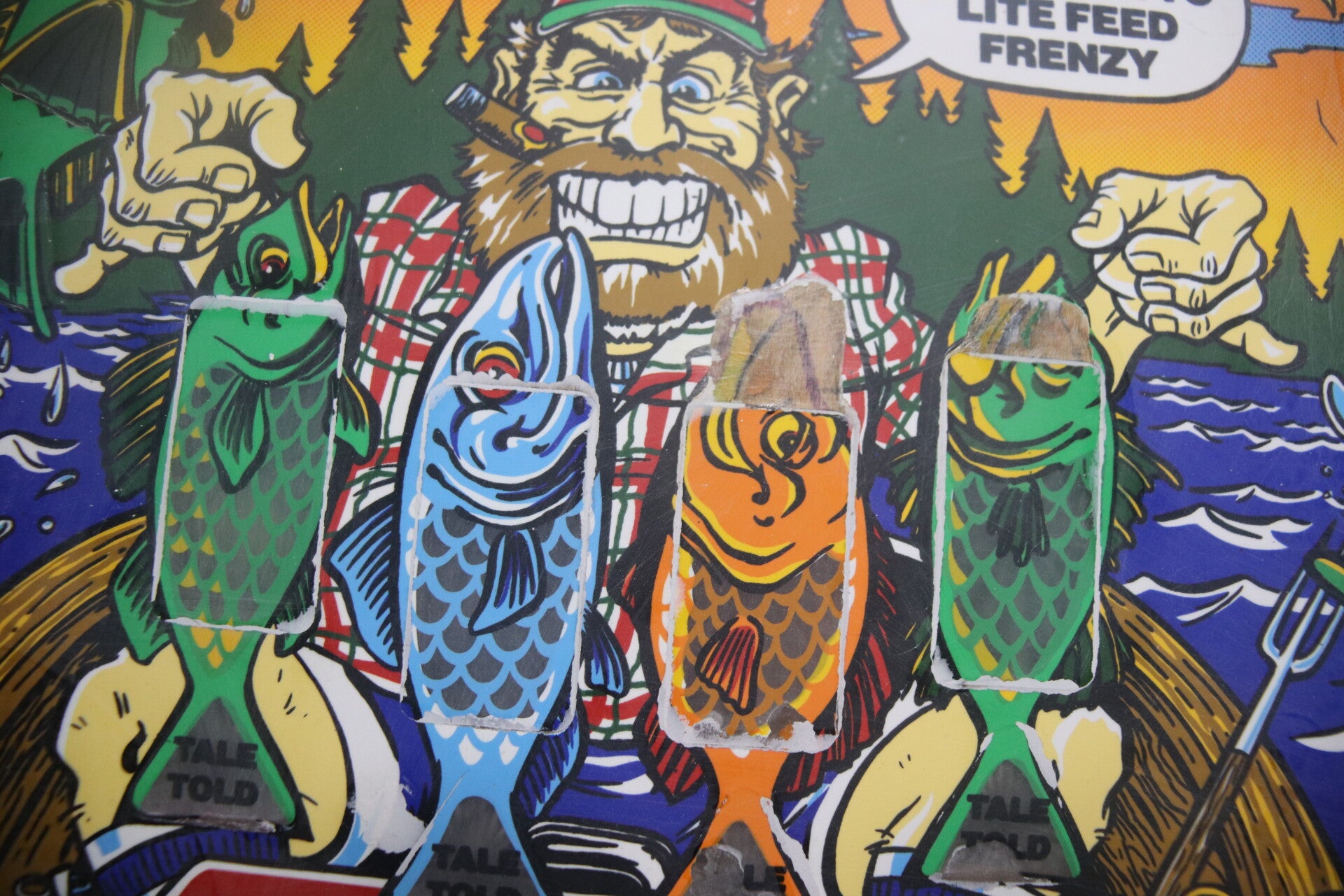 Williams Fish Tales playfield speelveld schade herstel restoration flipperspeelveld restauratie art airbrush airbrushing flipperkast reparatie