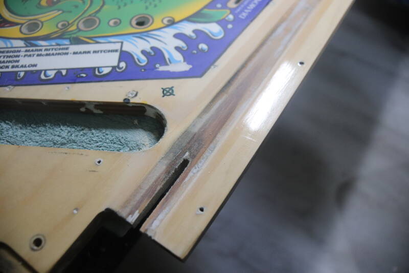 Williams Fish Tales playfield speelveld schade herstel restoration flipperspeelveld restauratie art airbrush airbrushing flipperkast reparatie