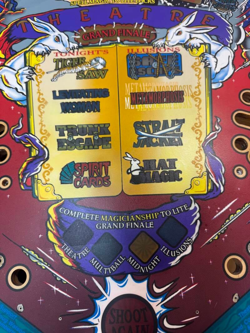 Bally Theatre of Magic playfield speelveld schade herstel restoration flipperspeelveld restauratie art airbrush airbrushing flipperkast reparatie