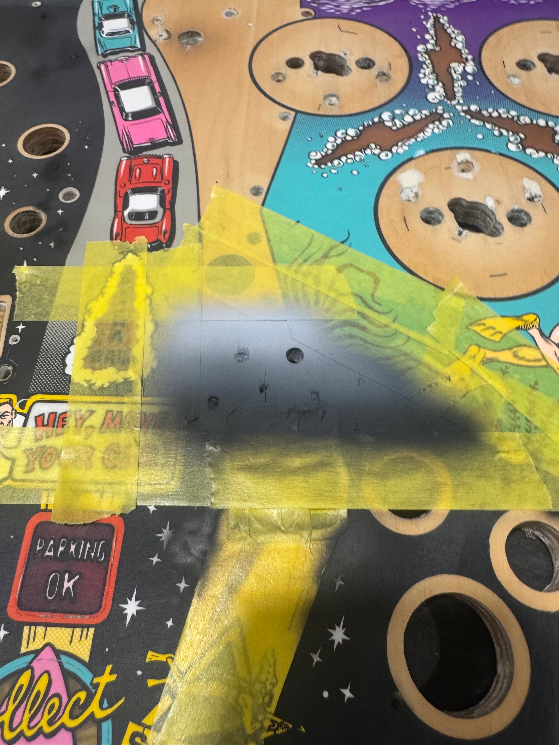 Bally Creature from the Black Lagoon Playfield speelveld schade herstel restoration flipperspeelveld restauratie art airbrush airbrushing flipperkast reparatie