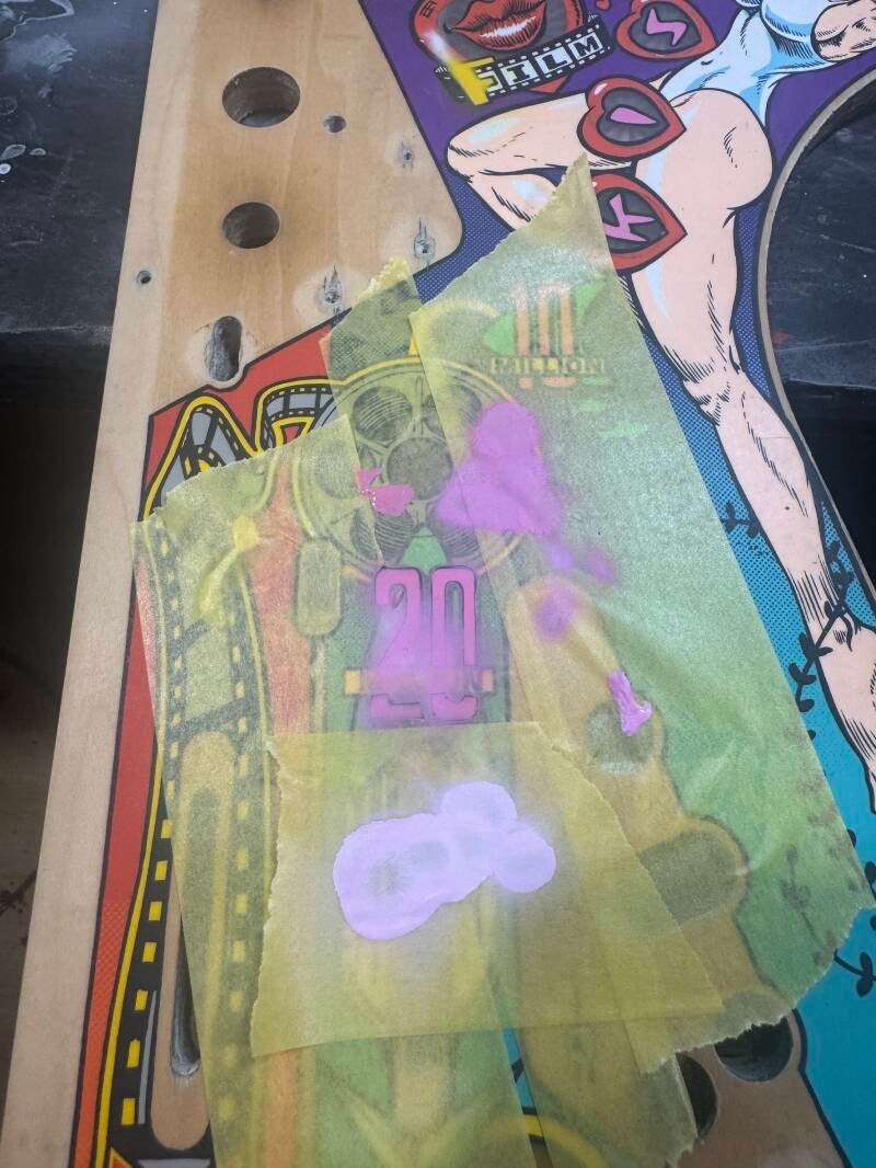Bally Creature from the Black Lagoon Playfield speelveld schade herstel restoration flipperspeelveld restauratie art airbrush airbrushing flipperkast reparatie